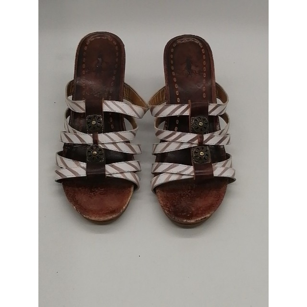 Corkys Sandals Womens Granada Beige 9 Leather Slide Shoe Strappy Wedge Heel